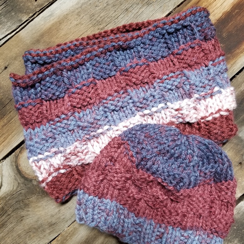 Handmade knitted stocking hat and scarf